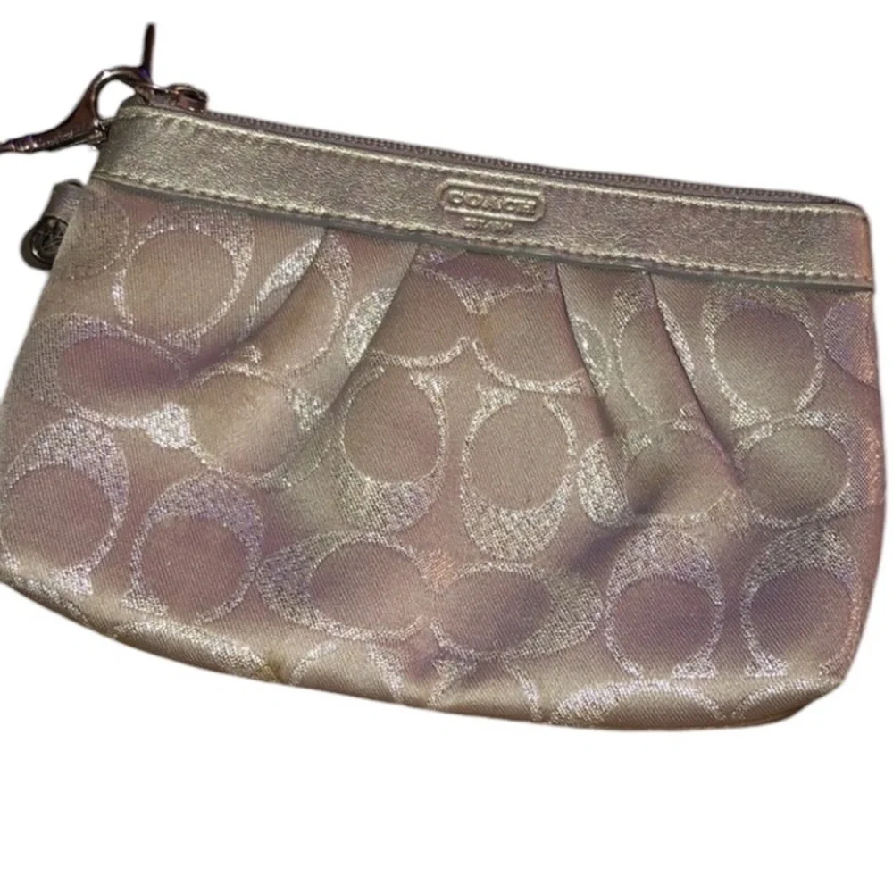 Coach silver monogram Wristlet blue satin interior cards,cards & key fob